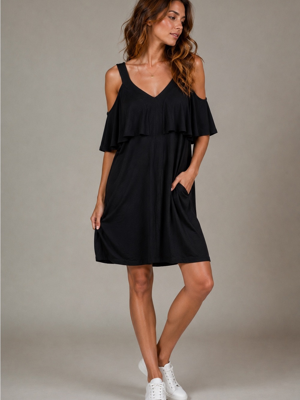 LA Made Black Cold Shoulder Ruffle Swing Dress NWT